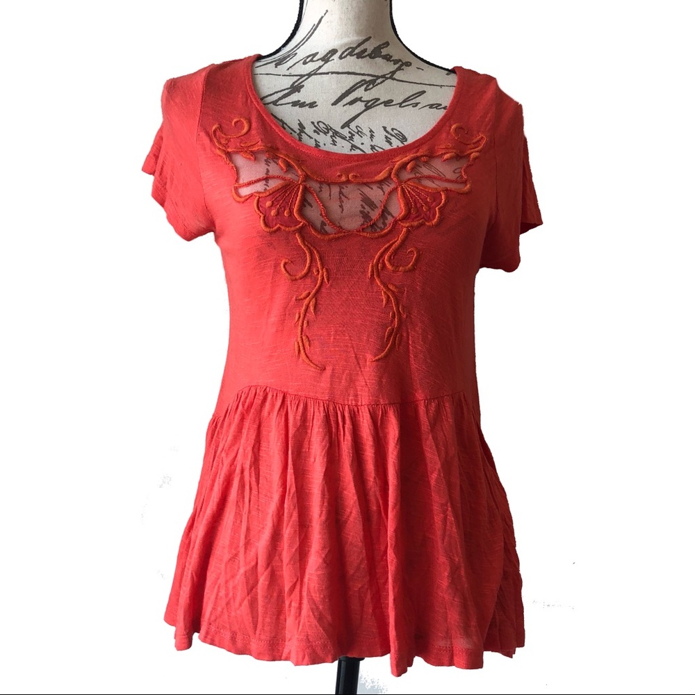 Free People Embroidered Orange Empire Waist Top